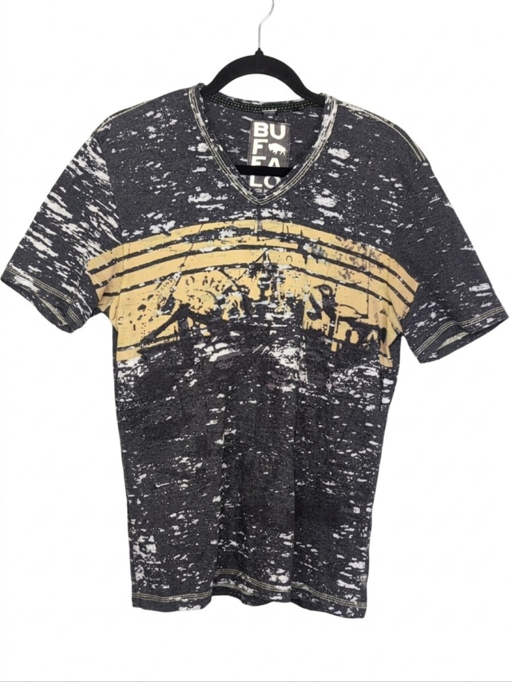 Buffalo David Bitton Mens Graphic V-Neck T-Shirt Size Medium Black Gray Crude